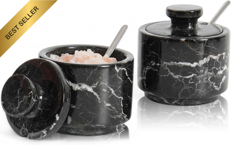 Black Zebra Marble Salt Cellar with Lid and Spoon 3 Inch Chic Salt and Pepper Ho