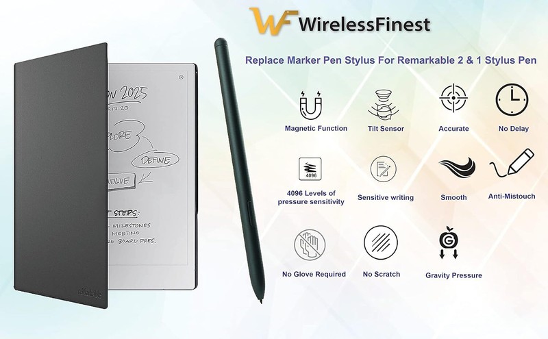 EMR Stylus Pen + Magnetic Snap Hold + Extra Nibs for Marker Remarkable 1 & 2 Tab