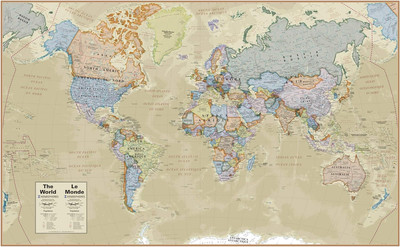 Boardroom Series French/English World Wall Map, Antique-Style Laminated Bi-Lingu