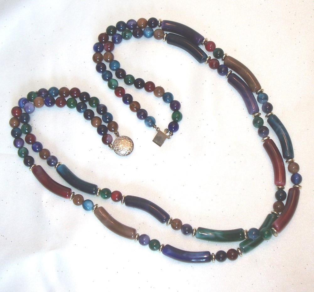 VINTAGE 70'S 2 STRAND MULIT COLORED MARBLED BEAD NECKLACE C170