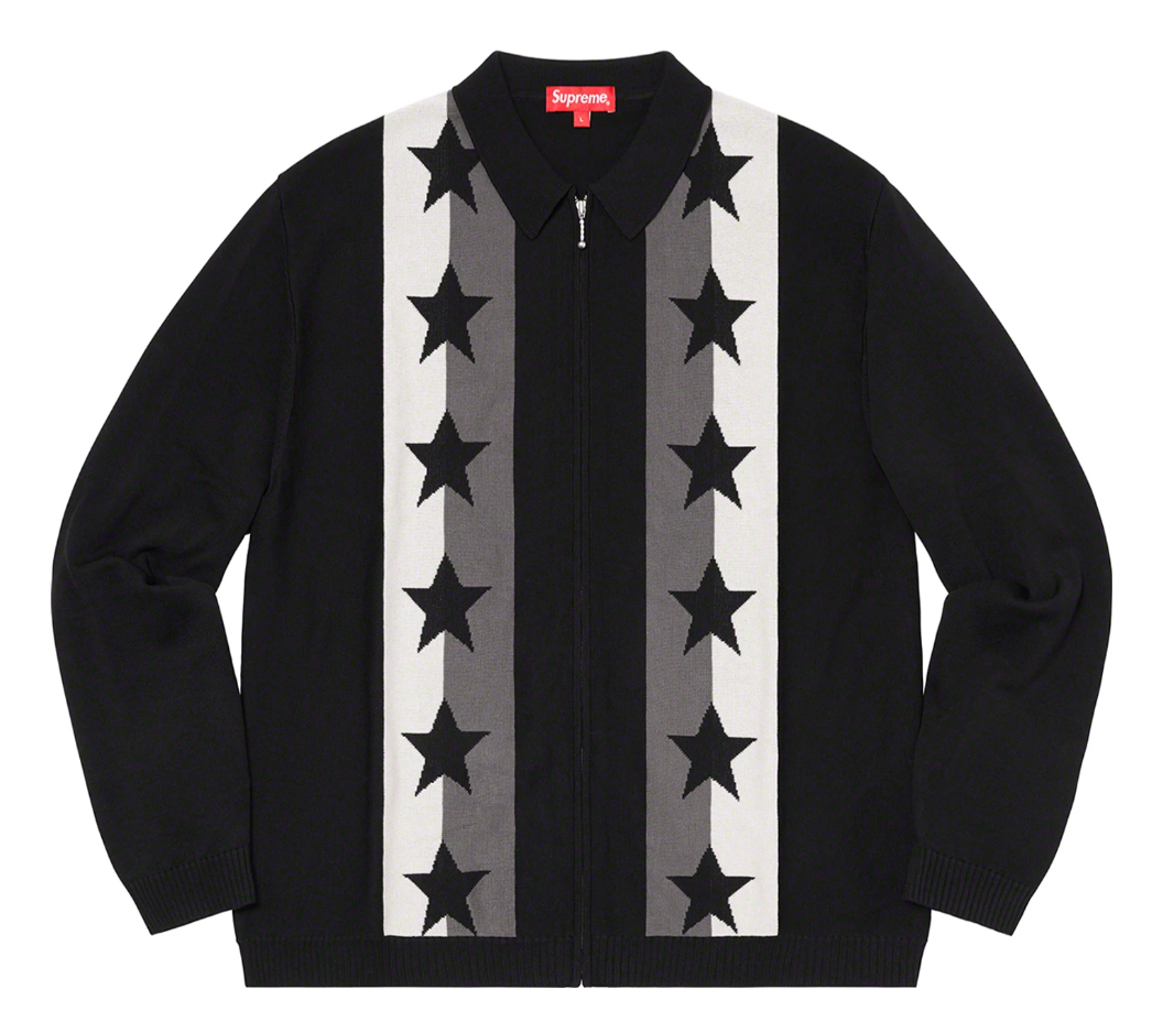 SS20 SUPREME STARS ZIP UP SWEATER POLO BLACK GREY WHITE SZ SS20 SUPREME STARS ZIP UP SWEATER POLO BLACK GREY WHITE SZ