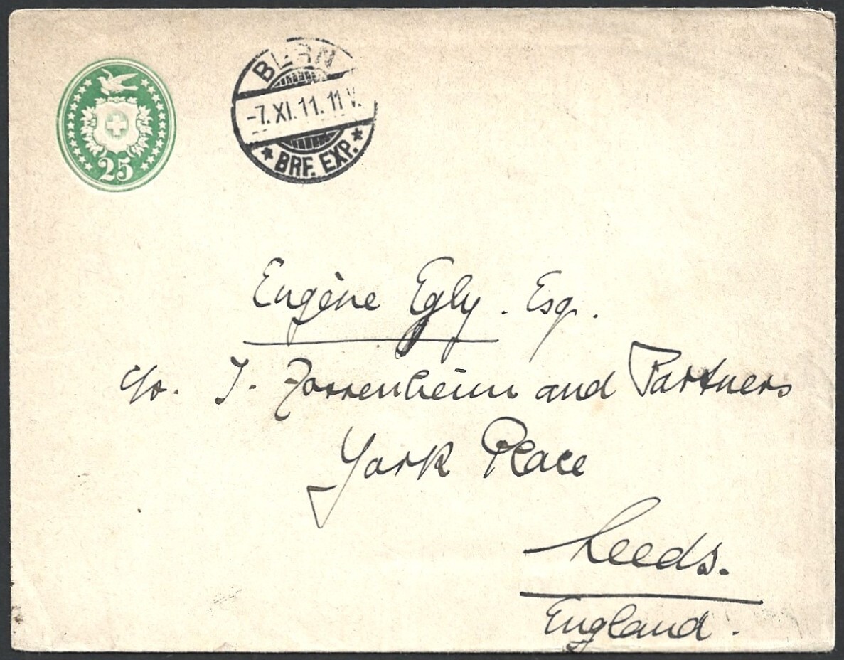 (BL) Switzerland 25c envelope used 1911 to UK