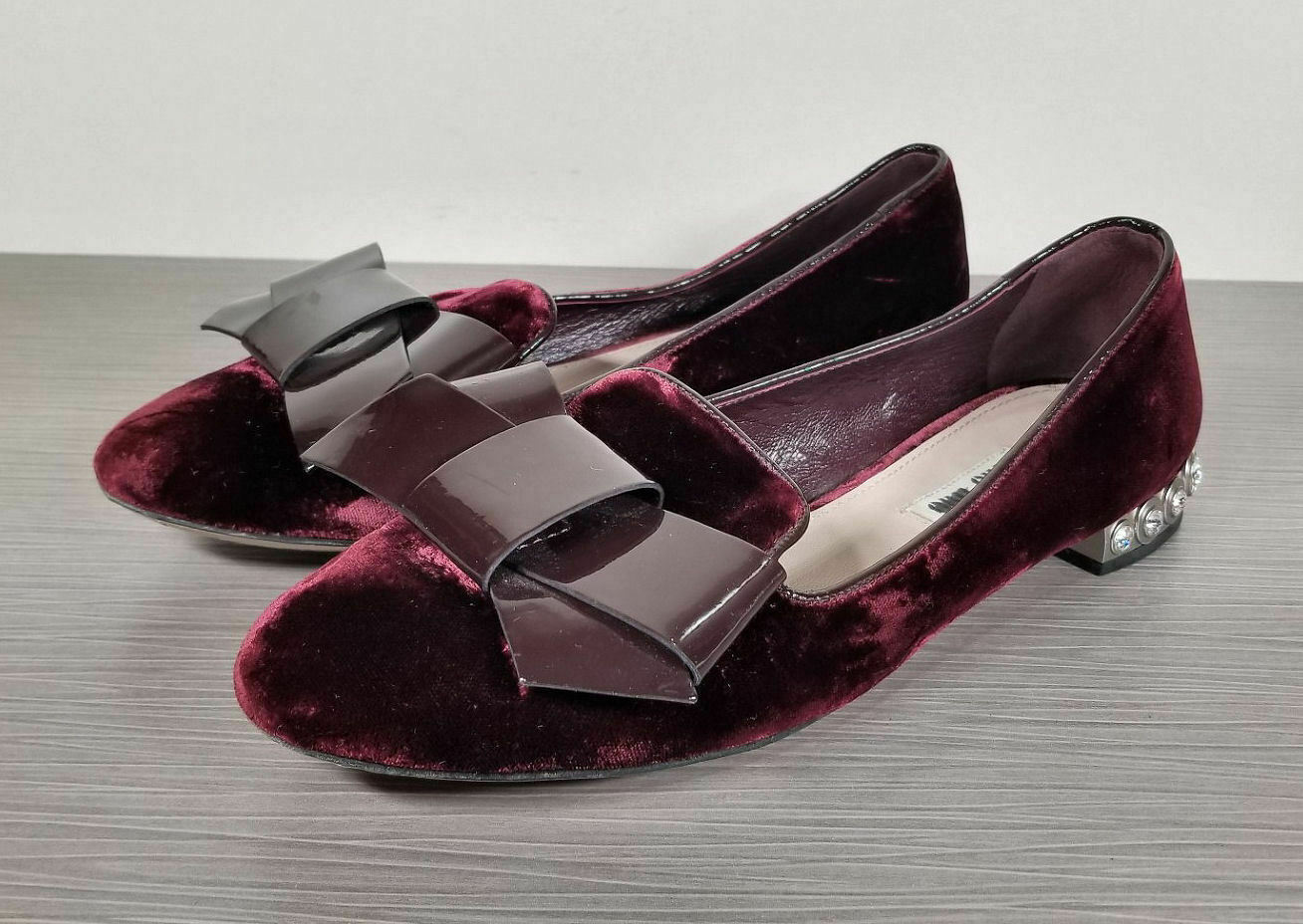 Miu Miu Velvet Swarovski Crystal Heel Bow Flats, Red Womens Size 7 / 37  $775
