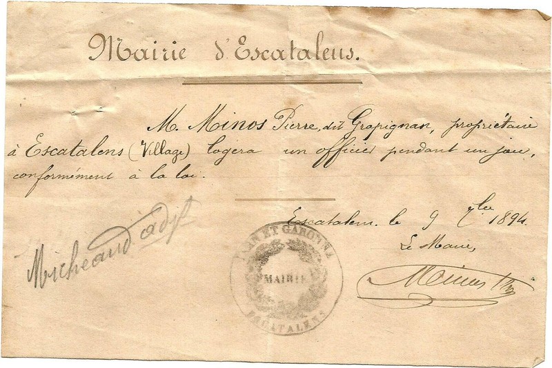 Escatalens (82) Billet De Logement 1894.Pour Loger 1 Officier Chez Minos Pierre.