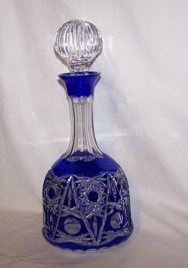Bohemian/ Czech Art Glass Cobalt Cut To Clear Decanter Hobstar/ Bullseye Pattern
