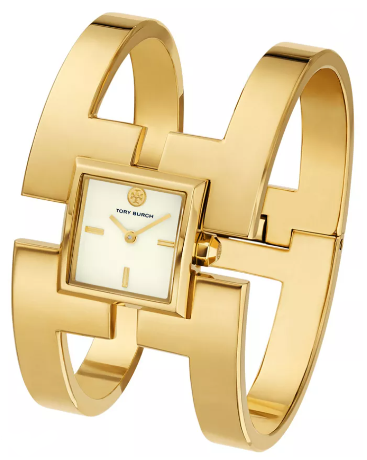 Pre-owned Tory Burch The Sawyer Gold-tone Stainless Bangle Cuff Bracelet Watch Tbw5008