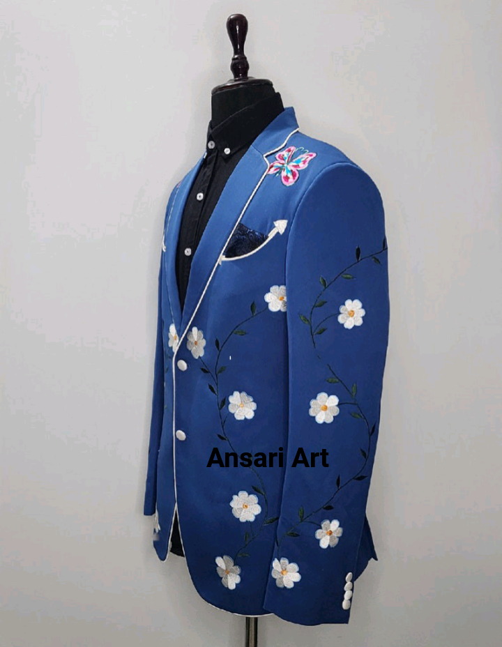 Pre-owned Art Man Blue 2pc Bespoke Handcrafted Country Western Suit Floral Embroidered Outfis