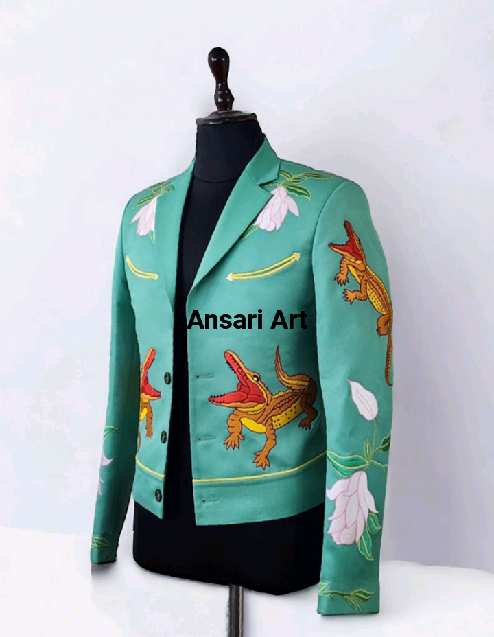 Pre-owned Art Men 2pc Country Western Nudie Suit Bespoke Floral Embroidered Cotton Designer In Blue