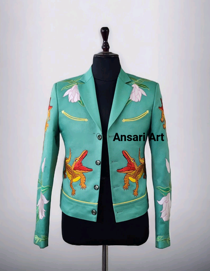 Pre-owned Art Men 2pc Country Western Nudie Suit Bespoke Floral Embroidered Cotton Designer In Blue