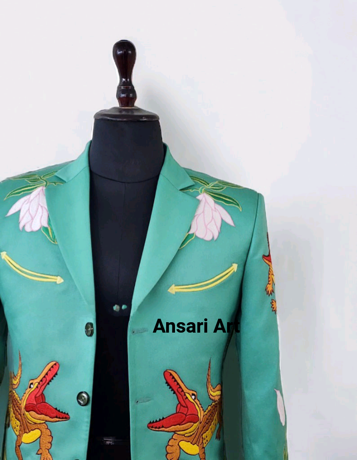 Pre-owned Art Men 2pc Country Western Nudie Suit Bespoke Floral Embroidered Cotton Designer In Blue
