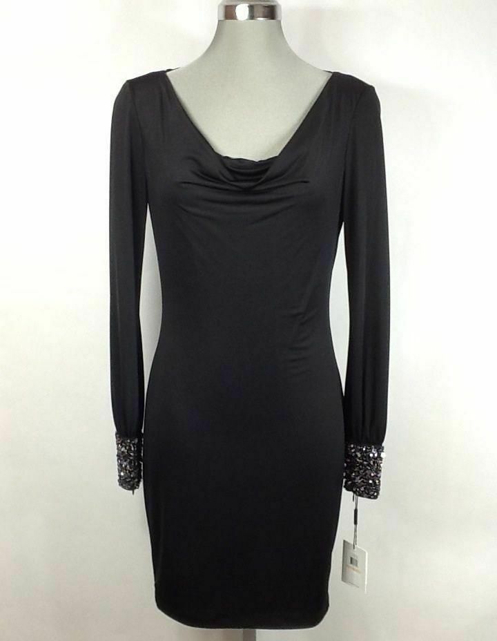 Современное ЧЕРНОЕ коктейльное платье Calvin Klein NWT с блестками на манжетах и сексуальной спинкой, размер 4