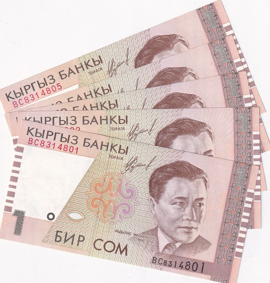 Kyrgyzstan 1 Som 1999 P 15 UNC LOT 5 PCS