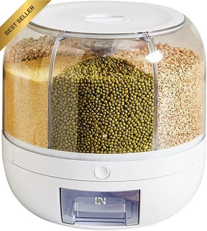 360° Rotating Cereal Dispenser, Grain Storage Box with Lid, Extra Large Kitchen