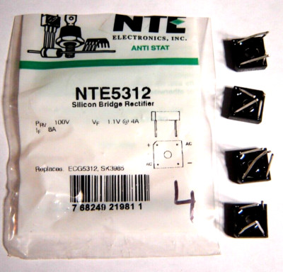 4 pack  NTE5312 Silicon Bridge Rectifier, 100V 8A Single Phase Full Wave