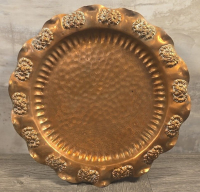 Vintage Gregorian Hammered Hanging Plate Tray Solid Copper 9.25''  Floral
