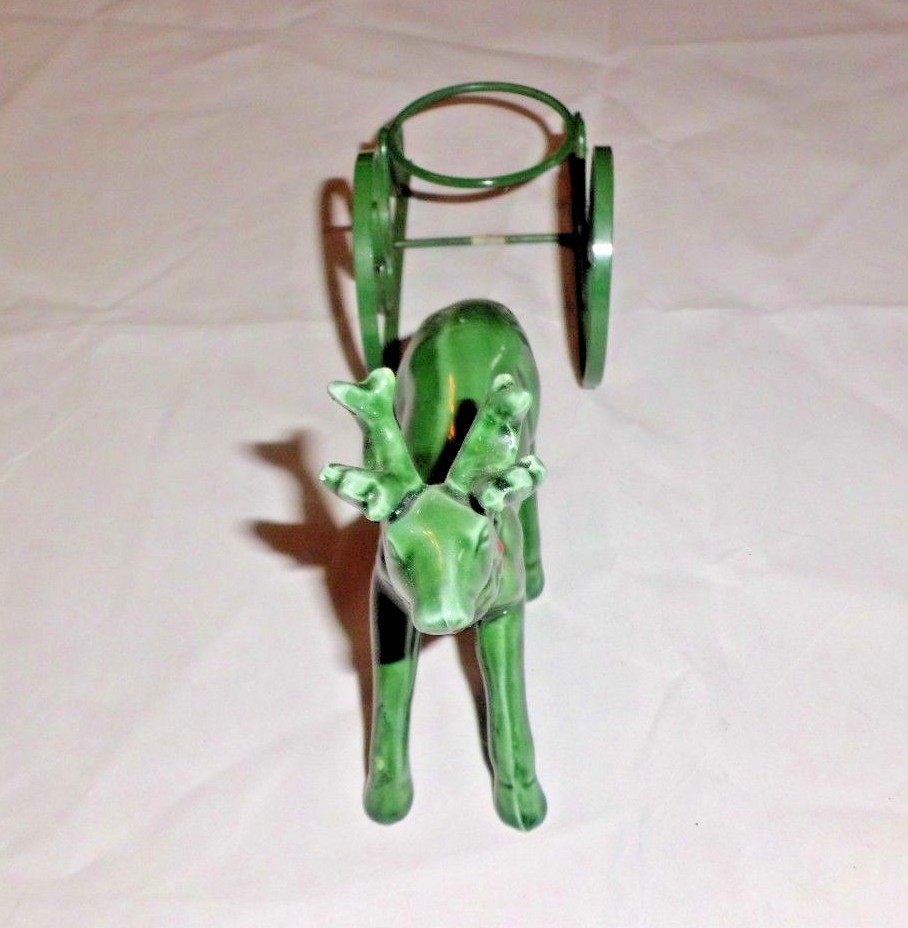 Lefton Holly Green Reindeer Vintage with metal sleigh tealight candle holder