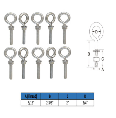 10Pc 5/16'' x 2'' Turned Eye Bolt Rigging Ring Loop Lift Mount Fully Threaded 90Lb