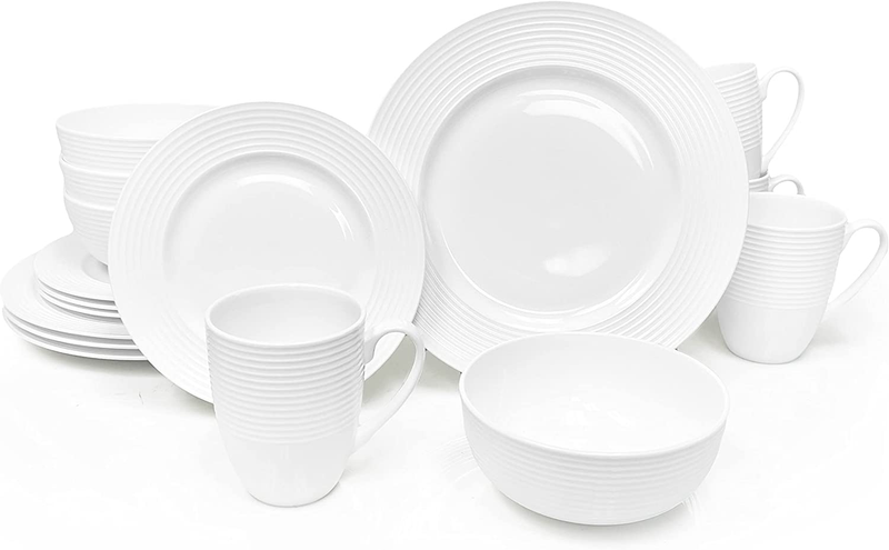 Bone China 16 Piece Dinnerware Dish Set, Service for 4, White Embossed Circle, M