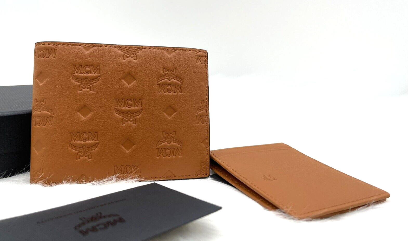 Pre-owned Mcm Auth  Portuna Embossed Monogram Bifold Leather Wallet With Case Case In Roasted Pecan