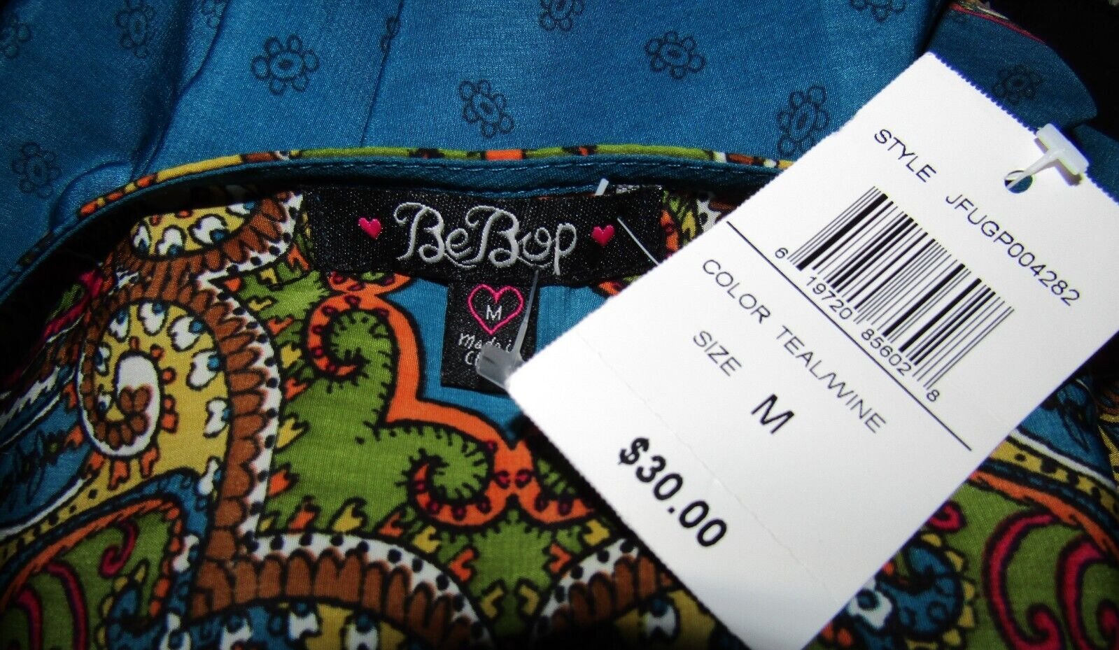 NWT $30, BE BOP Teal & Multi-Colors Boho Sheath Dress,  Size Medium,  Polyester
