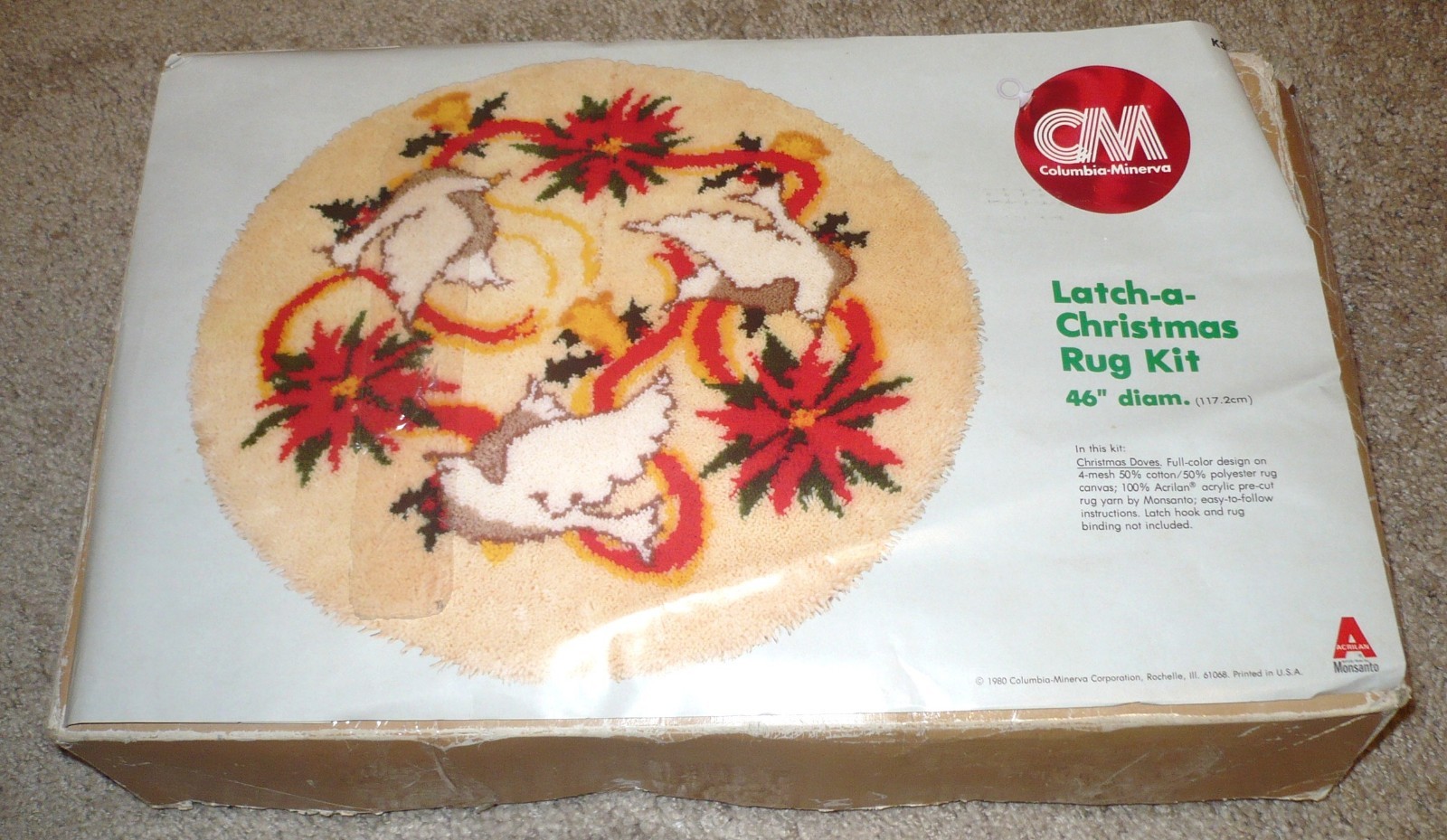 Vintage 1980 Christmas Doves Tree Skirt or Rug Latch Hook Kit Holiday 46