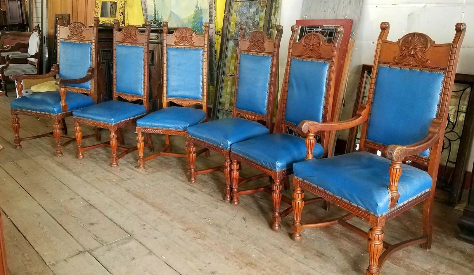 SET OF 6 VICTORIAN QUARTERSAWN OAK DINING CHAIRS CARVED NORTHWIND FACES