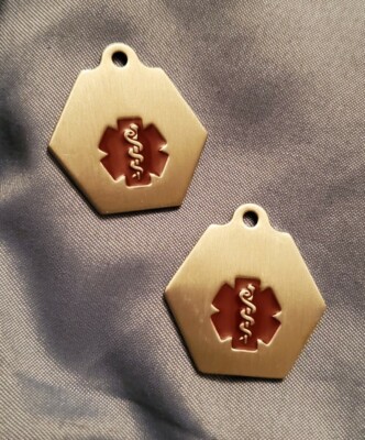 Lot of 2 Medical Alert Stainless Steel Hexagon Charm - BLANK