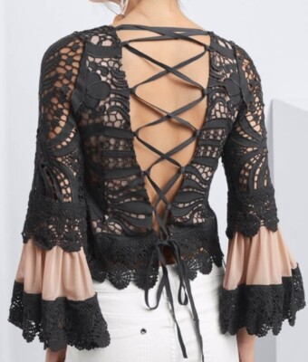 NWT Venus Black Lace Bell Sleeve Top Blouse with Back Lace-Detailing.