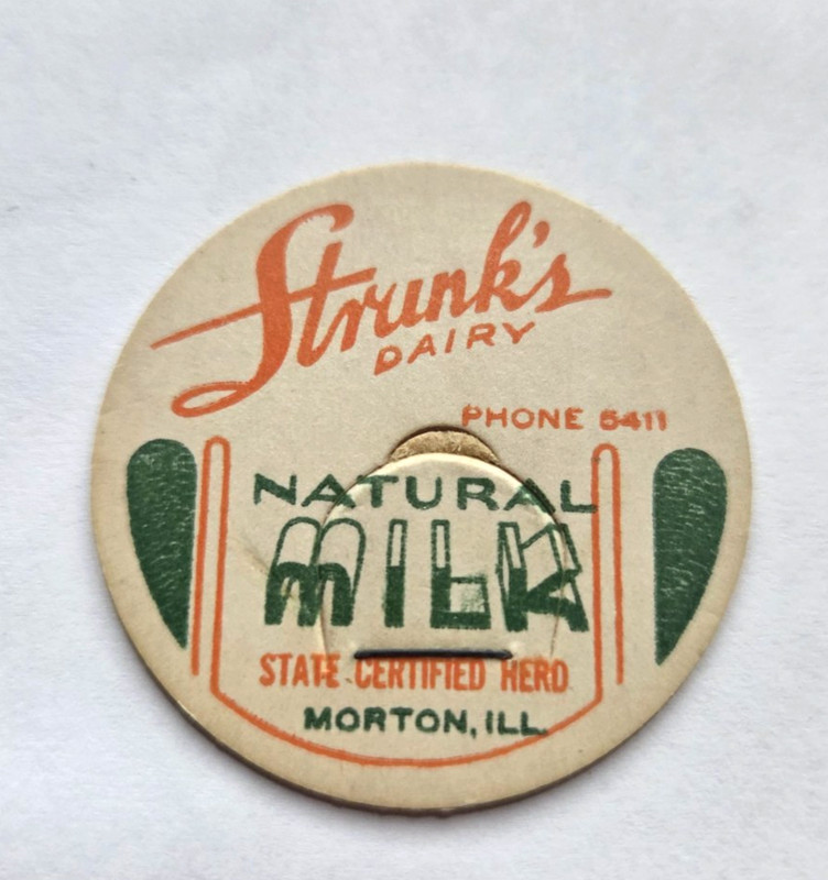 Vintage Strunk's Dairy Milk Bottle Cap Morton Illinois PH# 6441