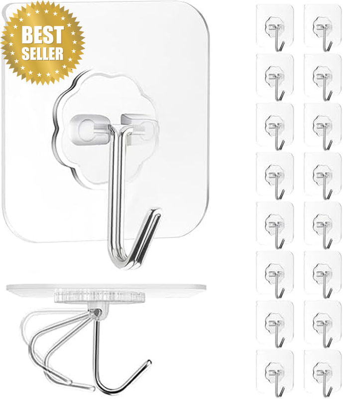 Adhesive Wall Hook, 16 Piece Set Heavy-Duty Thickened Self-Adhesive Hook，33Lb Ma