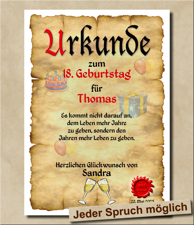 Personalisiertbare Urkunde Zum 18. Geburtstag – Originelles Geschenk Inkl. Goldglitzer-Umschlag, A4