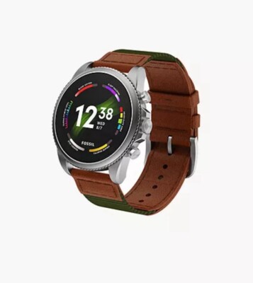 New Fossil Men's Gen 6 44mm Quartz Smartwatch Olive Fabric and Leather Retro