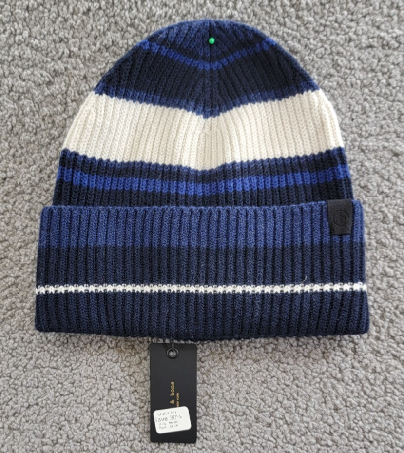 rag & bone Wool Blend Blake Stripe Beanie Womens One Size Blue Multi Folded Edge - Picture 2 of 15