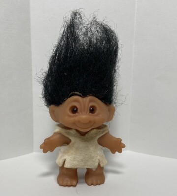 Vintage Dam Troll 2.5 Inch  long Black Hair/ Glass Amber Eyes 1960s