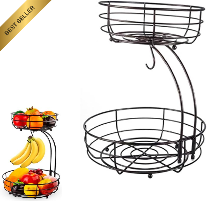 Fruit Basket 2-Tier with Banana Hanger Black Metal Stand | 2-Tier Countertop Des