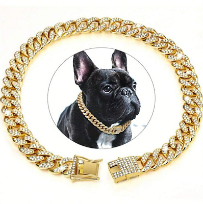 Luxury Dog Cuban Chain Gold Shining Rhinestones Collar Pitbull Necklace Choker