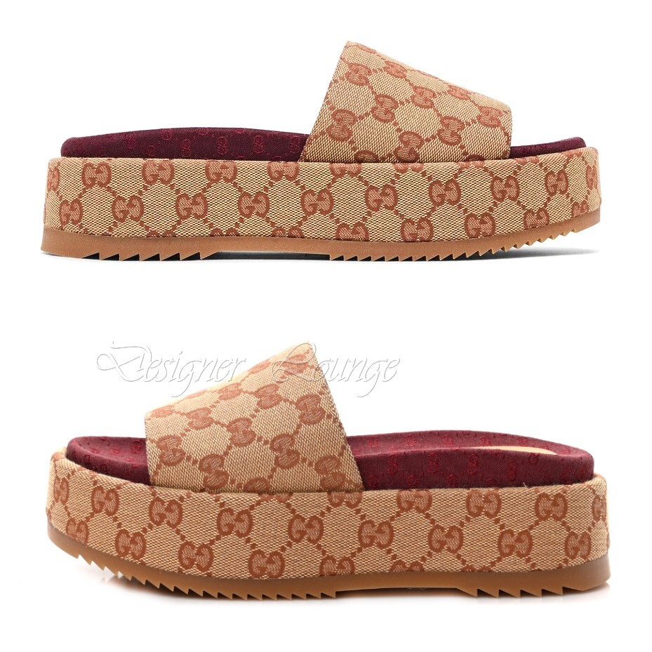 Pre-owned Gucci Angelina Gg Beige Monogram Platform Slide Sandals Size Eu 38 Us 8