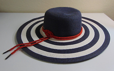 Betmar New York Womens Straw Hat Navy Blue White Stripe Sun Beach Hat Nautical
