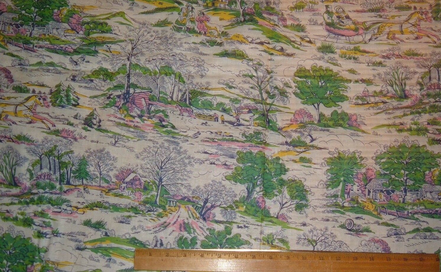 VINTAGE FABRIC FEEDSACK ERA WINTER SCENE HORSE SLEIGH COUNTRYSIDE