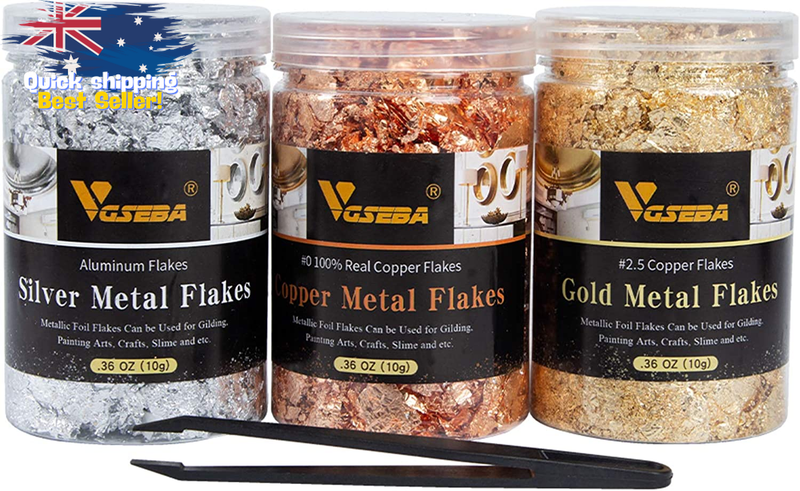 Gold Leaf Flakes 10G Jar - 3 Bottles Metallic Foil for Crafts Nails + Tweezers