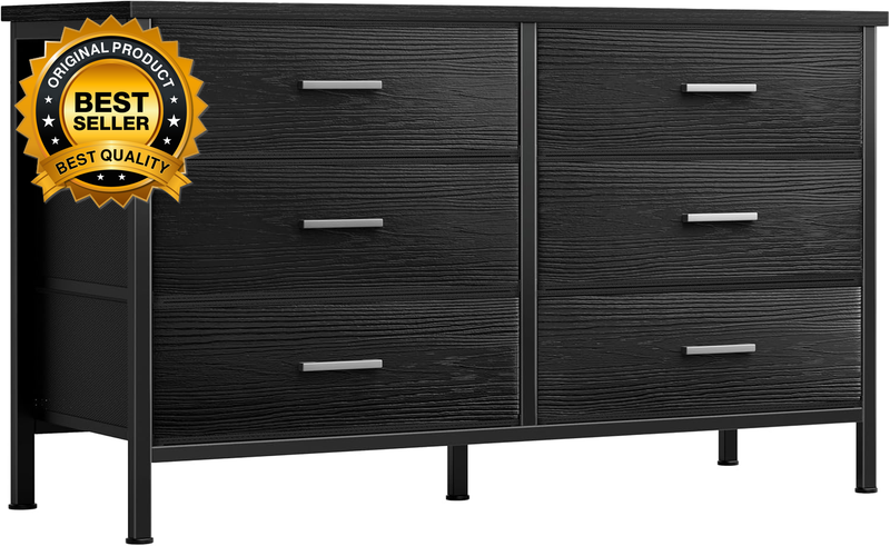Large Black Dresser for Bedroom 6 Drawer Wide Fabric Dressers & Chests