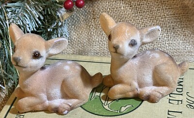 Vtg 60s PAIR Tan FLOCKED  FAWN Figurines Hong Kong Spotted Sitting DEER ~read~