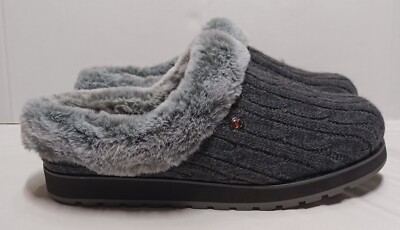 Skechers Bobs Ice Angel Cable Knit Sweater Feax Fur Charcoal Slippers Women's 9