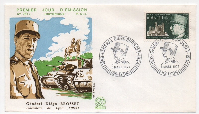 Enveloppe Premier Jour France-Fdc-General Diego Brosset-6 Mars 1971-69-Lyon