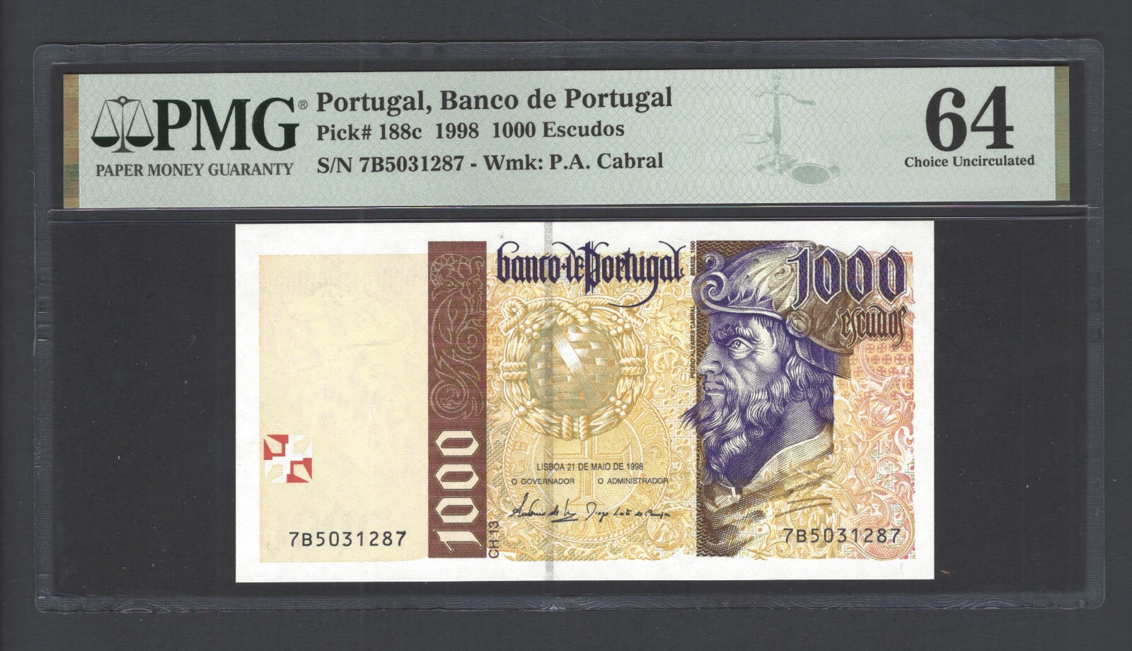 ◆ポルトガル 旧エスクード紙幣 1000 escudos◆ Portugal 1000 Escudos 21-5-1998 P188c Uncirculated Grade 64