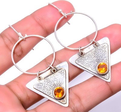 Golden Quartz Sand Paper Textured 925 Silver Earring 2.42'' T93