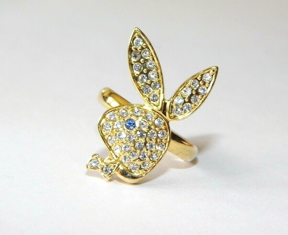 6 Playboy Ring, Swarovski Crystal Detailed Gold Bunny Logo 6 Playboy Ring, Swarovski Crystal Detailed Gold Bunny Logo