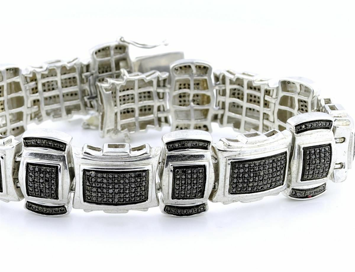 Pre-owned Online0369 5.81 Ct Round Black Cubic Zirconia Mens Wide Link Bracelet 925 Over Silver