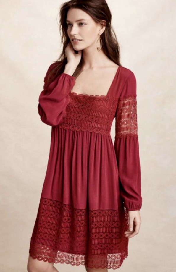 

Anthropologie Aveline Кружевное платье с длинными рукавами красного вина Babydoll Crepe  Новинка, Red wine