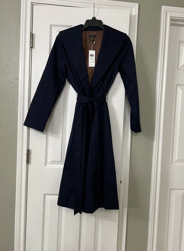 Pre-owned Eileen Fisher Large $498  Midnight Organic Cotton Twill Wide Collar Long Coat